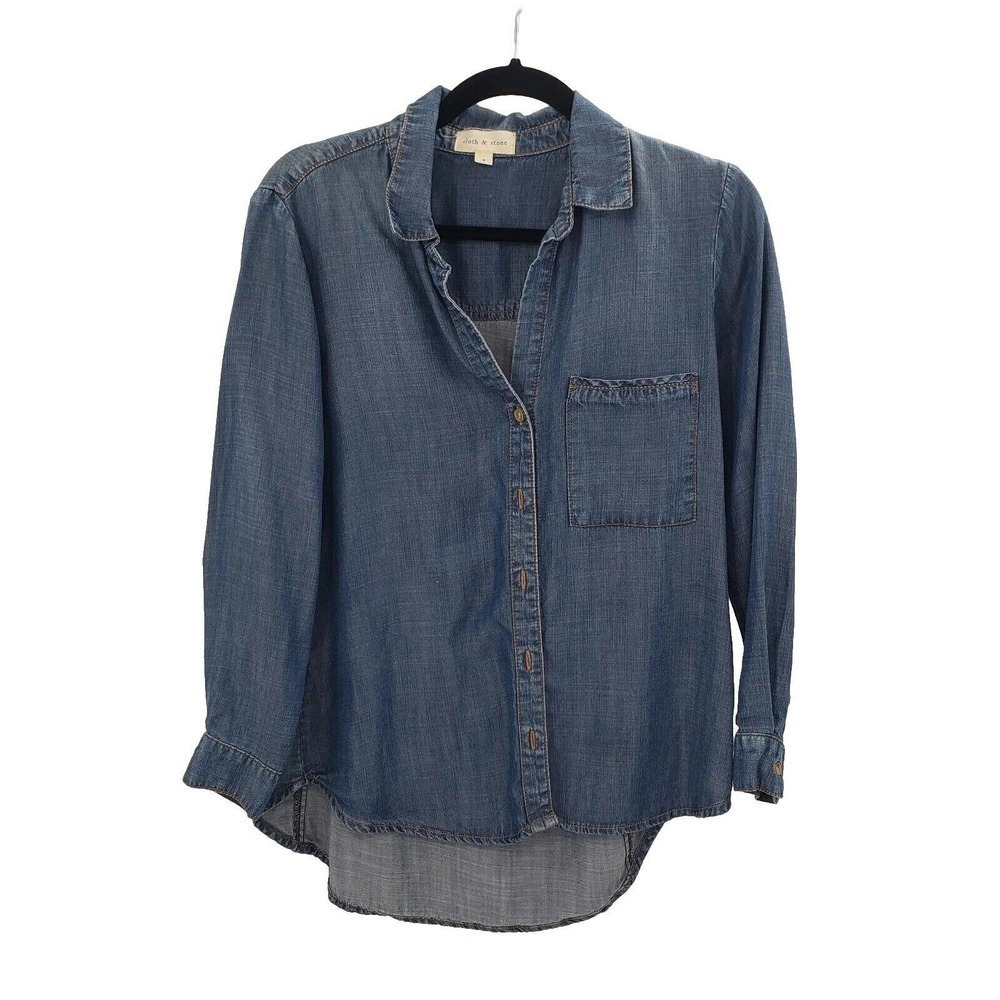 Cloth & Stone Denim Chambray Button Up Blouse Womens Small Blue Shirt Top Rayon